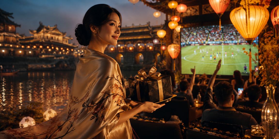 Người hâm mộ bóng đá xem trận đấu dưới ánh đèn lồng Hội An rực rỡ trong đêm lễ hội