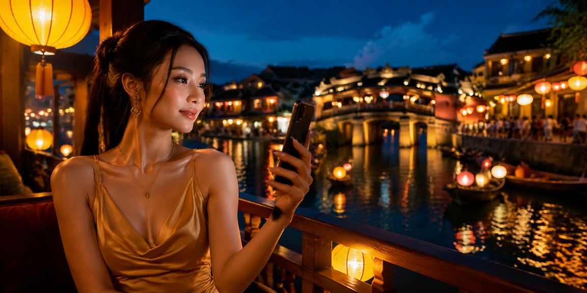 Người dùng truy cập casino trực tuyến trên điện thoại tại chợ đêm Hội An lung linh đèn lồng