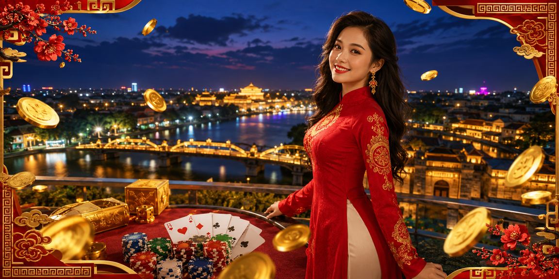 Người phụ nữ mặc áo dài Huế tham gia trò chơi bài truyền thống trong không gian văn hóa Việt Nam
